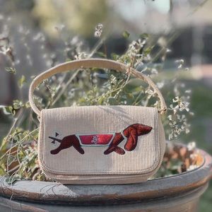 VINTAGE RARE lulu Guinness HANDBAG TAN CORDUROY DACHSHUND PRINT